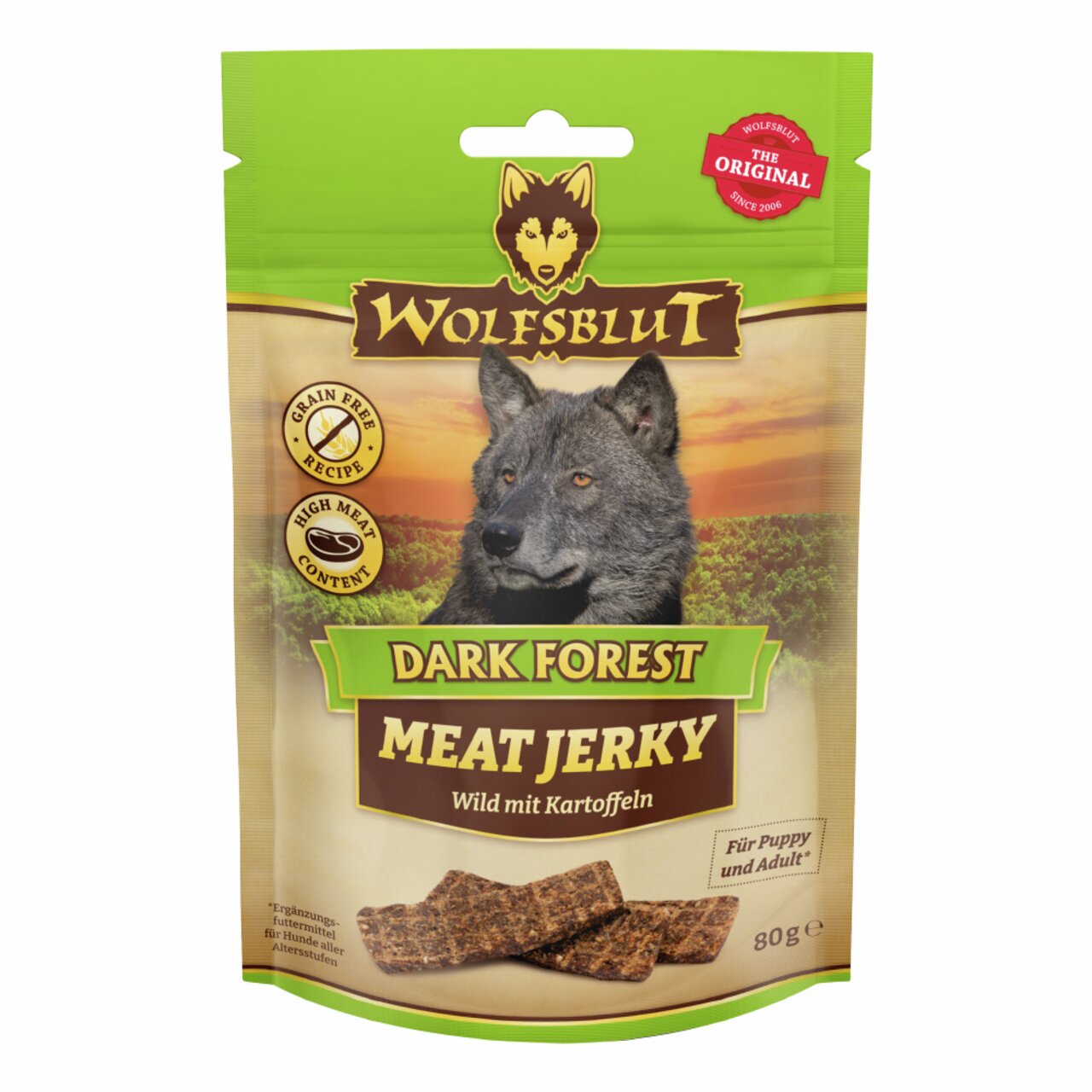 WOLFSBLUT Dark Forest Meat Jerky für Hunde, Wild mit Kartoffeln, für Welpen und ausgewachsene Hunde, 80 g, getreidefrei.