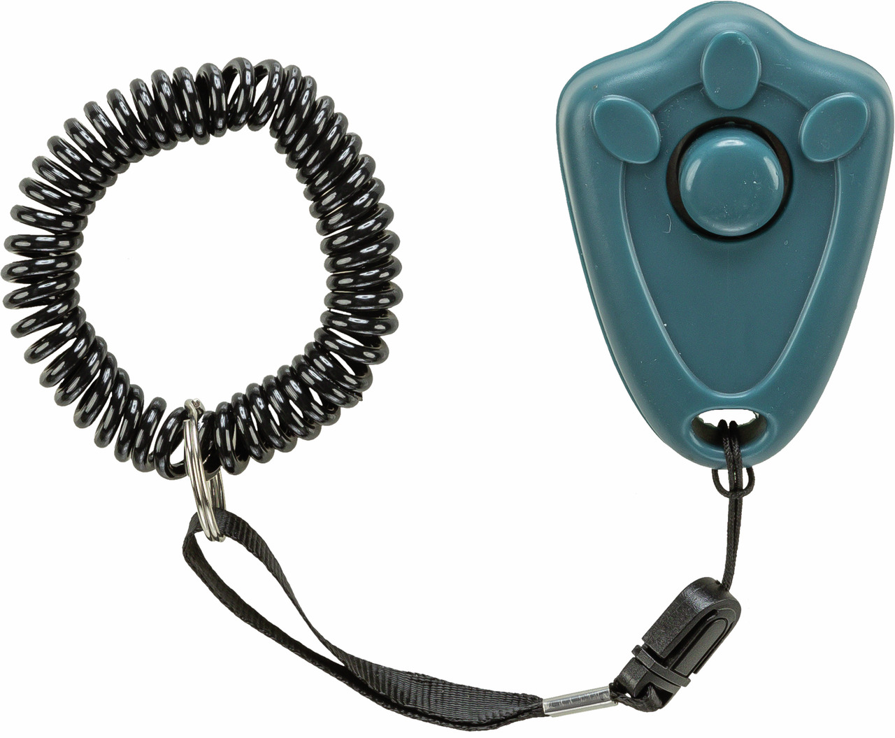 Das Bild zeigt den TRIXIE Dog Activity Clicker mit Spiralschlaufe, ein Trainingsgerät für Hunde. Der Clicker ist türkisfarben und hat eine pfotenförmige Struktur. Er ist mit einer schwarzen Spiralschlaufe und einem verstellbaren Band ausgestattet, das ein