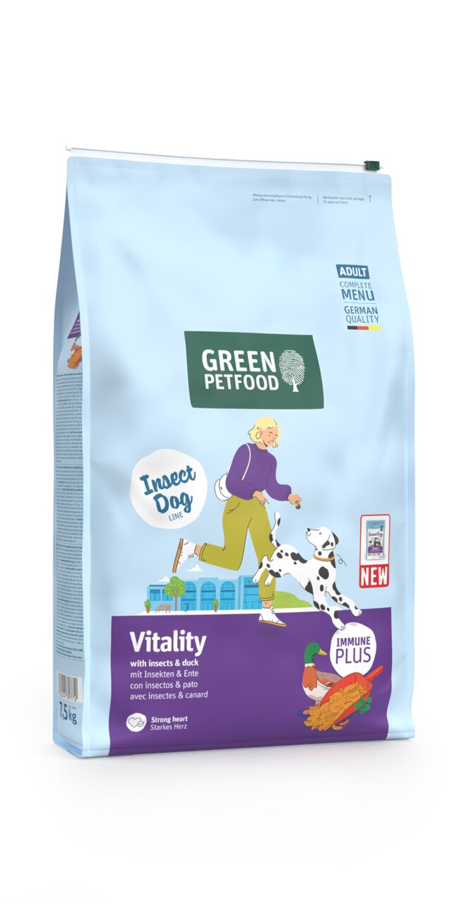 Green Petfood InsectDog Vitality für Hunde, Geschmack: Insekten & Ente, Immune Plus, 7,5 kg, für erwachsene Tiere.
