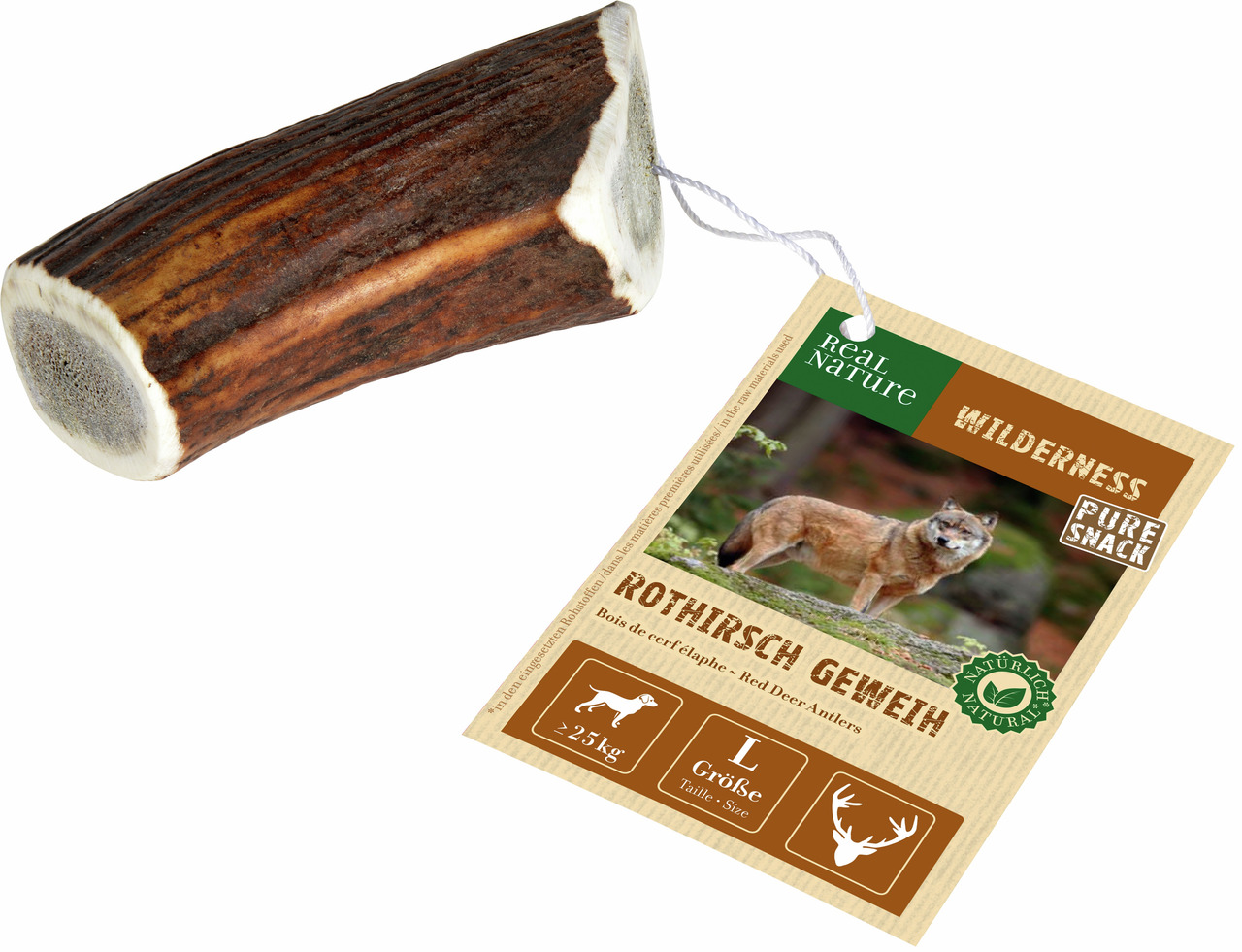 REAL NATURE WILDERNESS Rothirsch Geweih, natürl. Kausnack f. Hunde ab 25 kg, Größe L, aus Rothirschgeweih, Symbol Wolf.