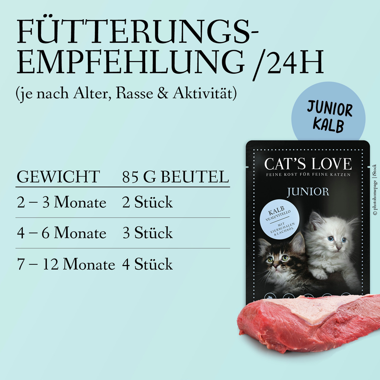 Sparpaket 12 x 85 g Cat's Love Junior Kalb pur mit Eierschalen & Lachsöl Katzen Nassfutter