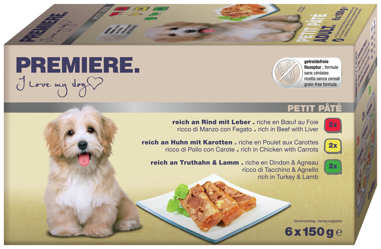 Das Bild zeigt eine Verpackung des Hundefutters "PREMIERE Petit Pâté Adult". Es handelt sich um ein getreidefreies Nassfutter für ausgewachsene Hunde. Enthalten sind 6 Schalen à 150 g in drei Geschmacksrichtungen: Rind mit Leber, Huhn mit Karotten sowie T