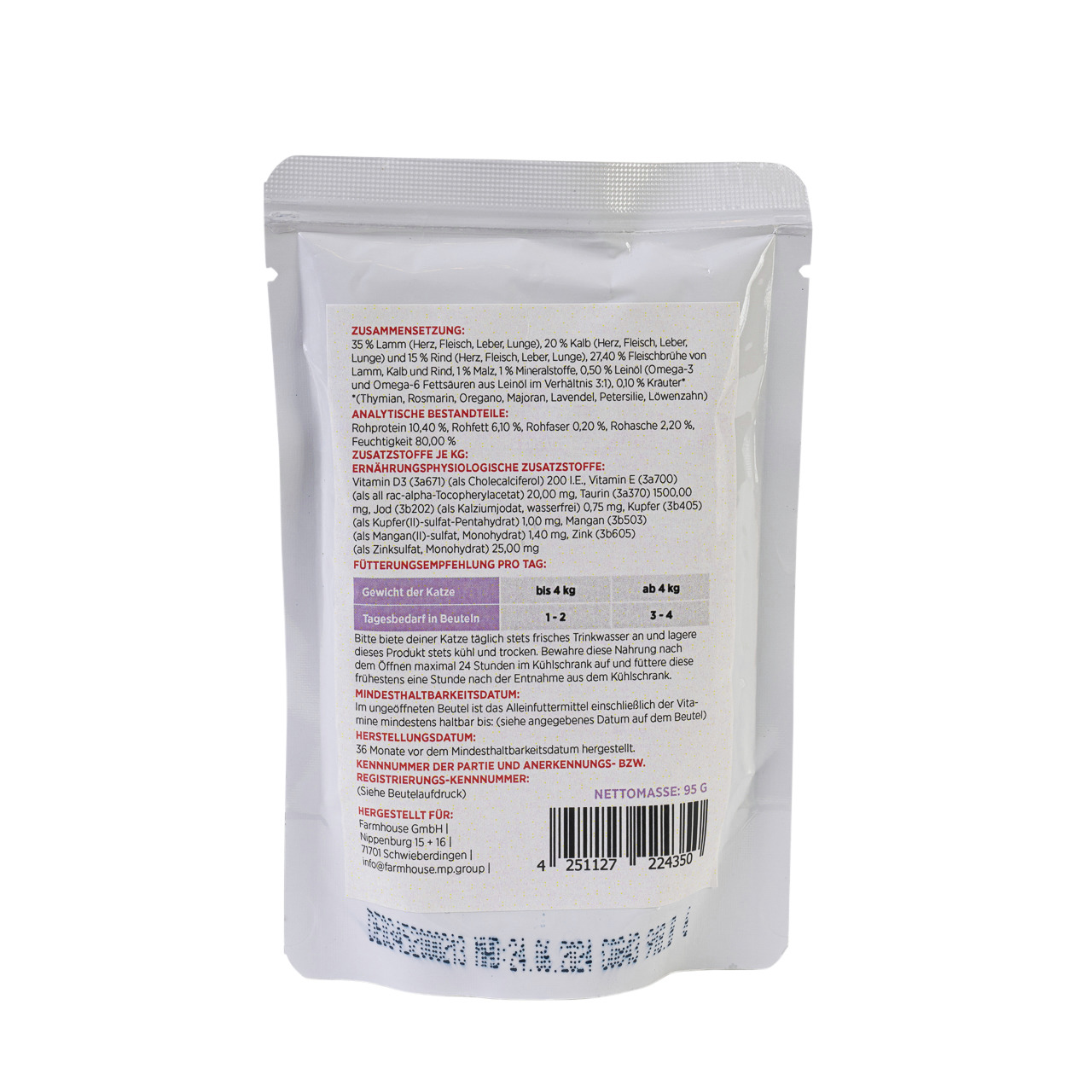 Farmhouse MINCAS HÄPPCHEN Katzenfutter, Lamm-Leber-Kalb, 95 g, speziell für Katzen.