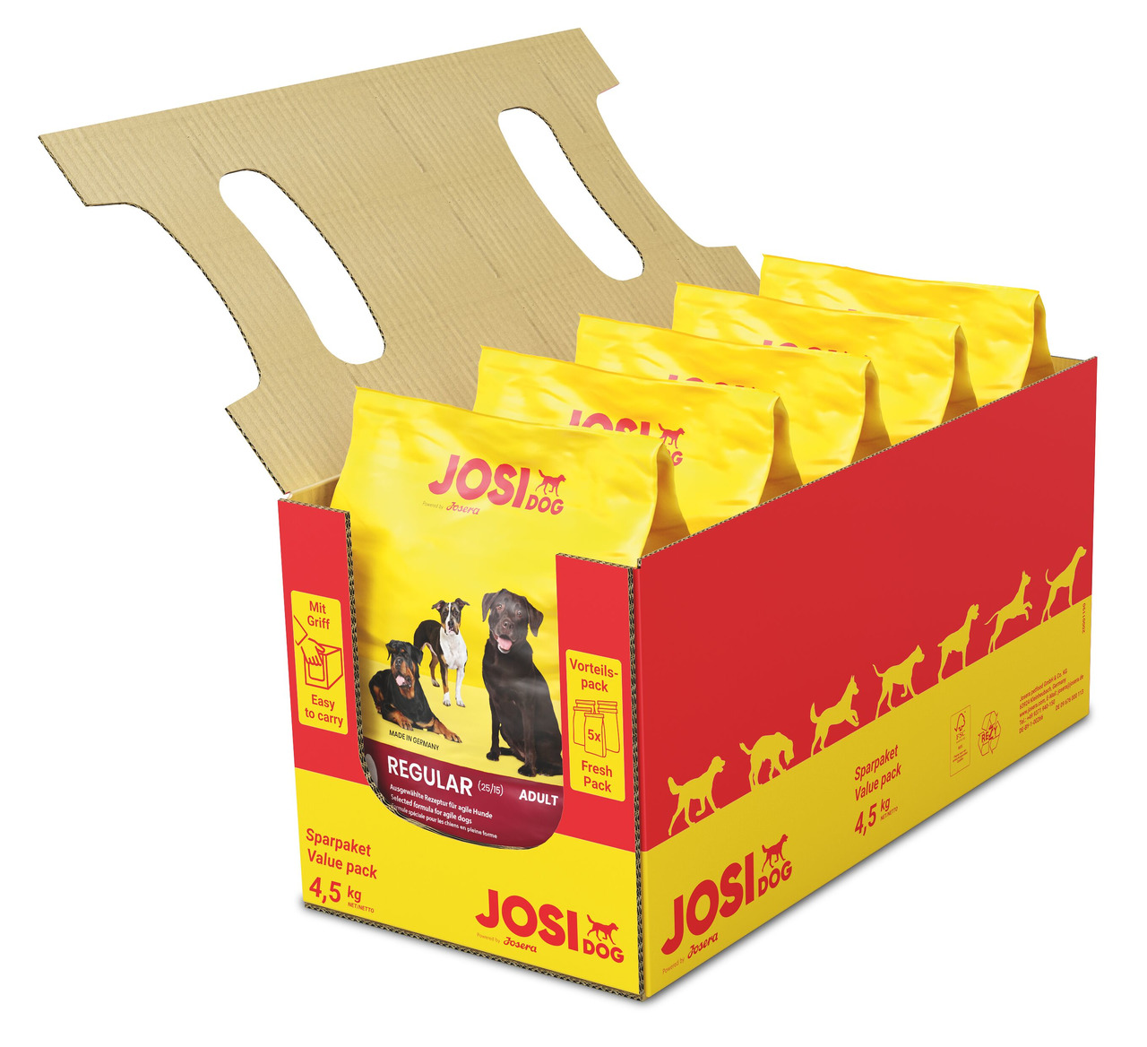 Josera JosiDog Regular Adult, Hundefutter, 4,5 kg (5 Frischebeutel), für ausgewachsene Hunde, gelb-rote Verpackung, Sparpaket.