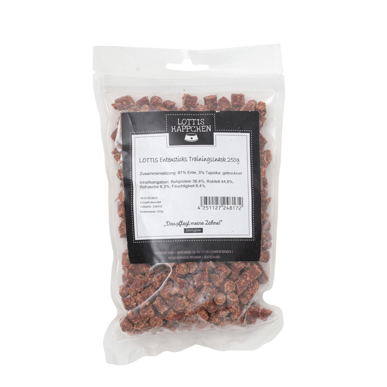 Lottis Häppchen Entensticks Trainingssnack 250g für Hunde, Geschmack Ente, 97 % Ente, 3 % Tapioka, „Das pflegt meine Zähne!“