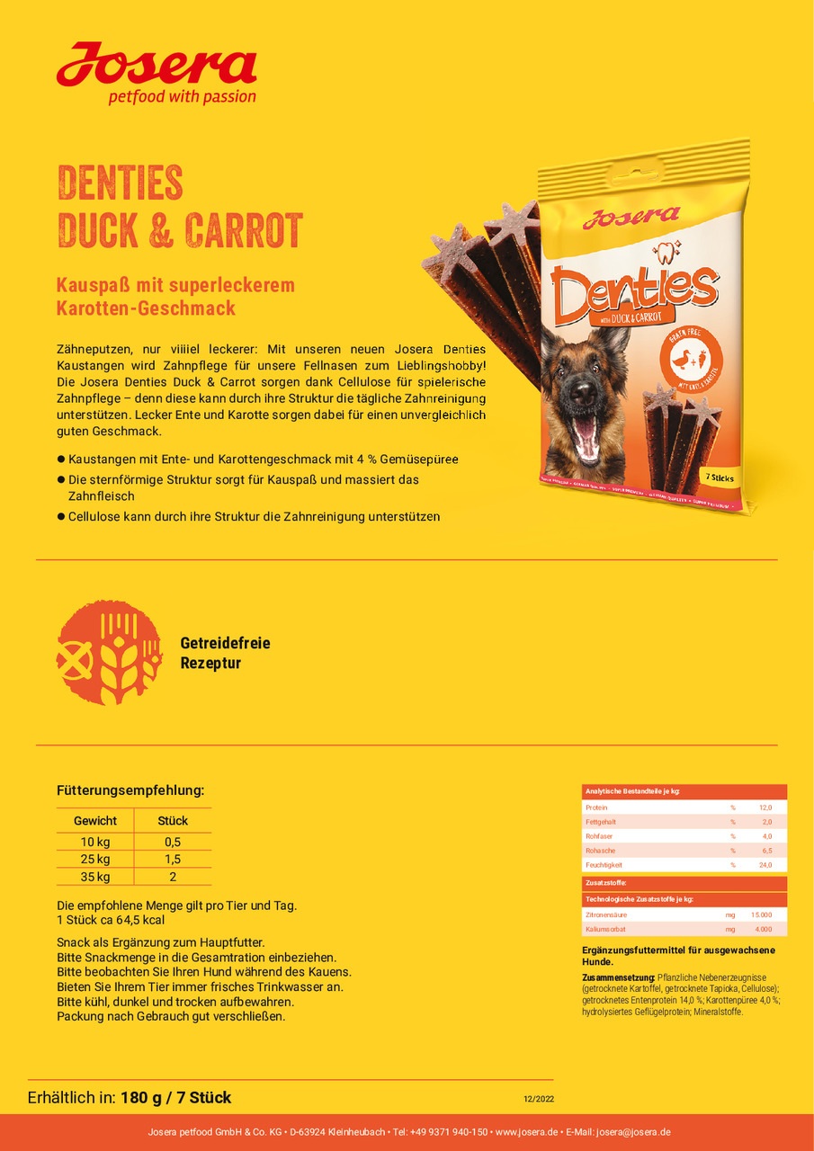 Josera Denties with Duck&Carrot Hunde Snack 180 g