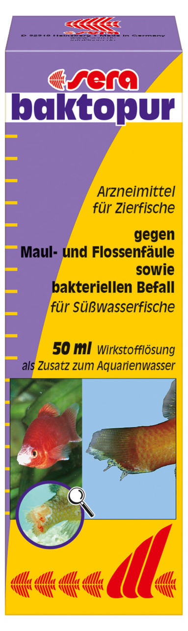 sera baktopur, Arzneimittel f. Zierfische, gg. Maul-/Flossenfäule u. bakt. Infektionen, 50 ml, gelb-violette Verpackung.