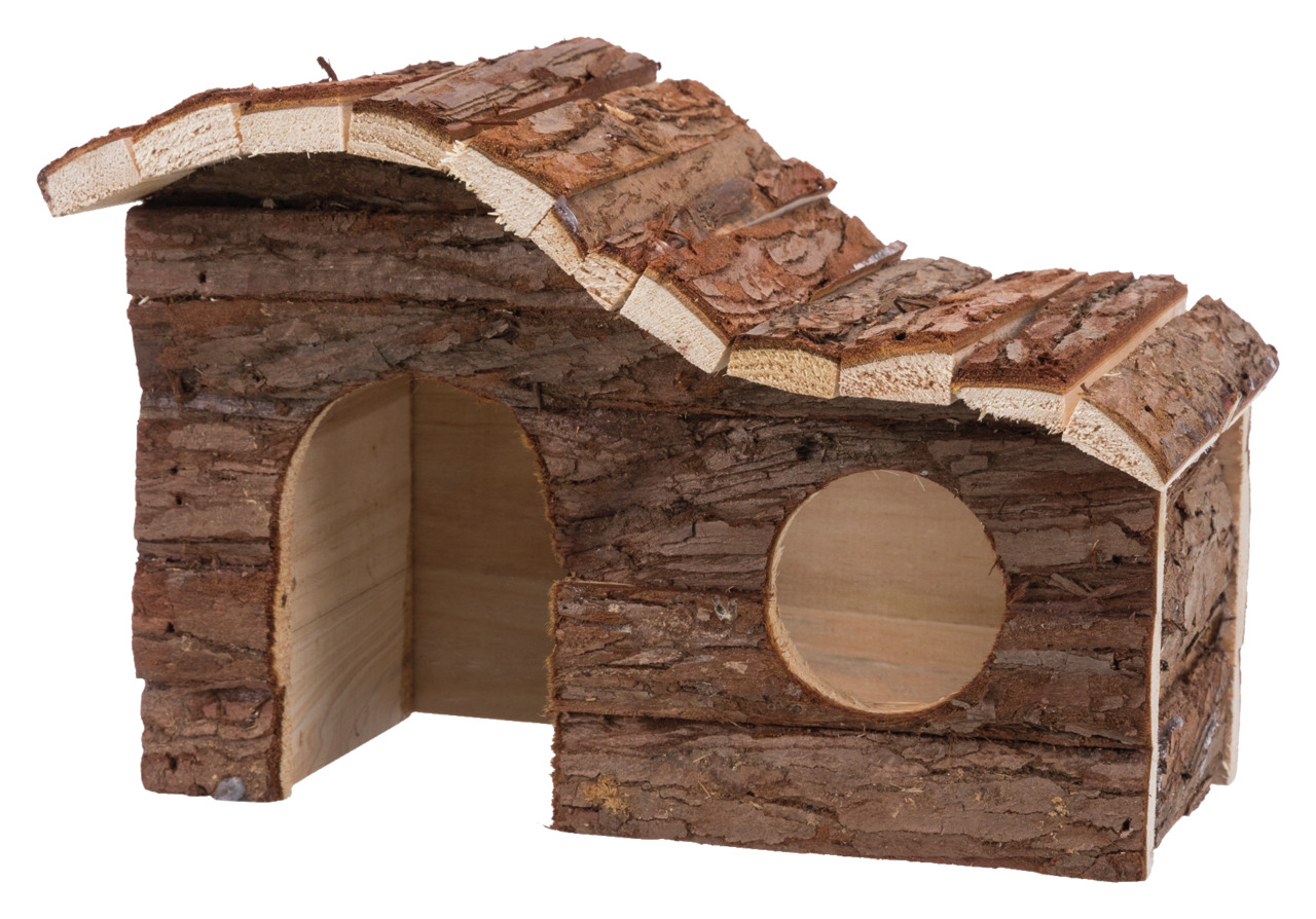 TRIXIE Naturholz-Haus, für Hamster & kleine Nager, unbehandeltes Holz, Rindenoptik, gewölbter Eingang & Fenster, gemütlicher Rückzugsort.