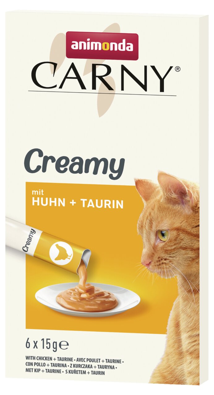 Animonda Carny Creamy: Cremige Belohnung für Katzen, Geschmacksrichtung Huhn & Taurin, 6x15g.