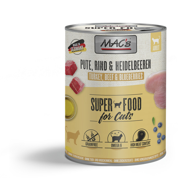 Das Bild zeigt eine Dose Katzenfutter der Marke MAC's mit der Geschmacksrichtung Pute, Rind und Heidelbeeren. Das Produkt ist für ausgewachsene Katzen geeignet und enthält 400 g. Es wird als "Super Food for Cats" beworben, ist getreidefrei, reich an Omega
