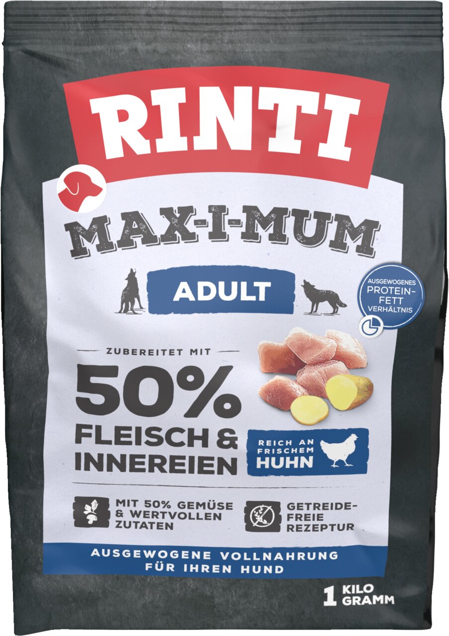 RINTI Max-i-mum Adult, Hunde-Vollnahrung, Geschmacksrichtung Huhn, getreidefrei, 50% Fleisch, 1 kg Packung.
