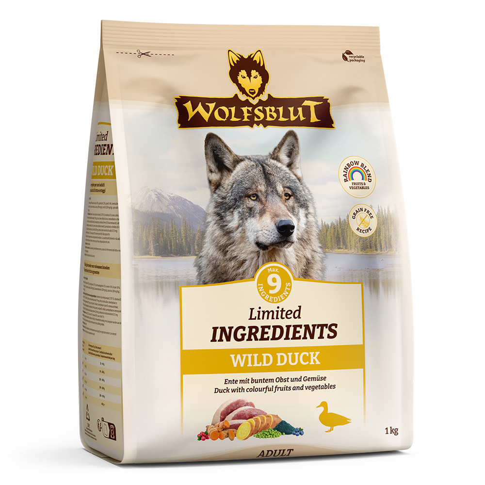WOLFSBLUT Limited Ingredients Wild Duck, Trockenfutter f. erw. Hunde, Ente m. Obst-Gemüse, getreidefrei, 1 kg, max. 9 Zutaten.