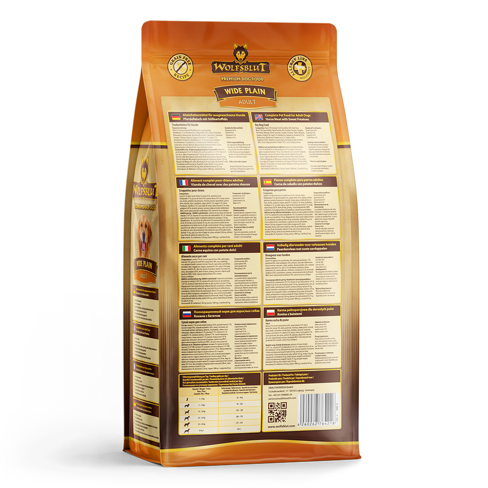 WOLFSBLUT Wide Plain Adult, Premium-Trockenfutter f. ausgewachsene Hunde, Pferdefleisch+Süßkartoffeln, getreidefrei, 15 kg.