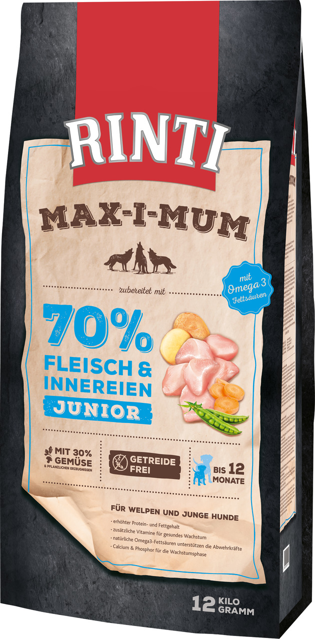 RINTI Max-i-mum Junior, 12 kg, für Welpen/junge Hunde bis 12 Mon., 70 % Fleisch, 30 % Gemüse, getreidefrei, mit Omega-3.