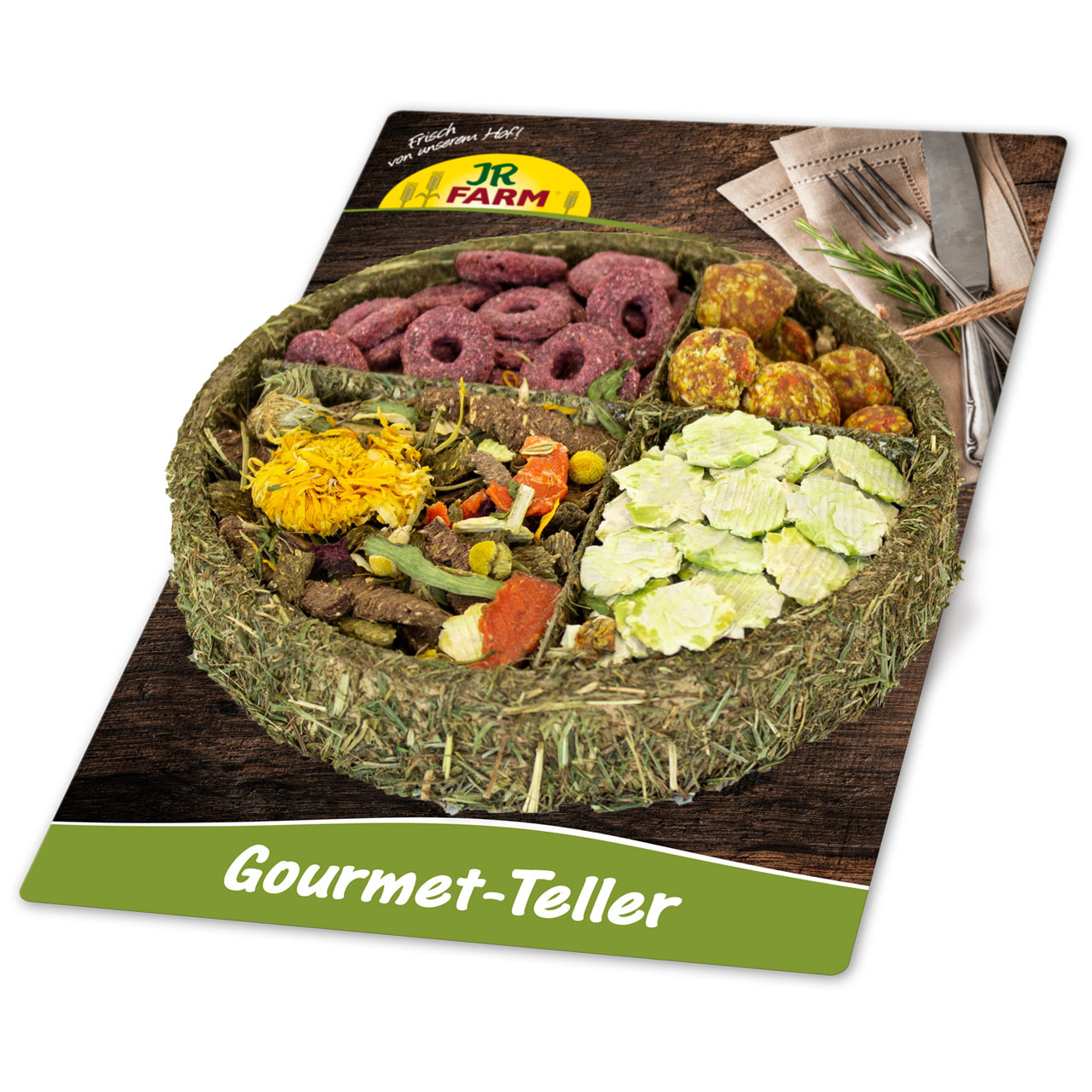 JR FARM Gourmet-Teller, Ergänzungsfutter f. Kaninchen/Meerschweinchen, essbare Heuschale m. Gemüse, Blüten, Kräutern, Snacks.