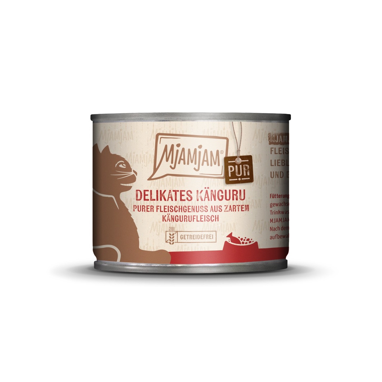 MJAMJAM Katzenfutter, Delikates Känguru, getreidefreies Nassfutter, 200 g, zartes Kängurufleisch, beige Verpackung mit Katze.