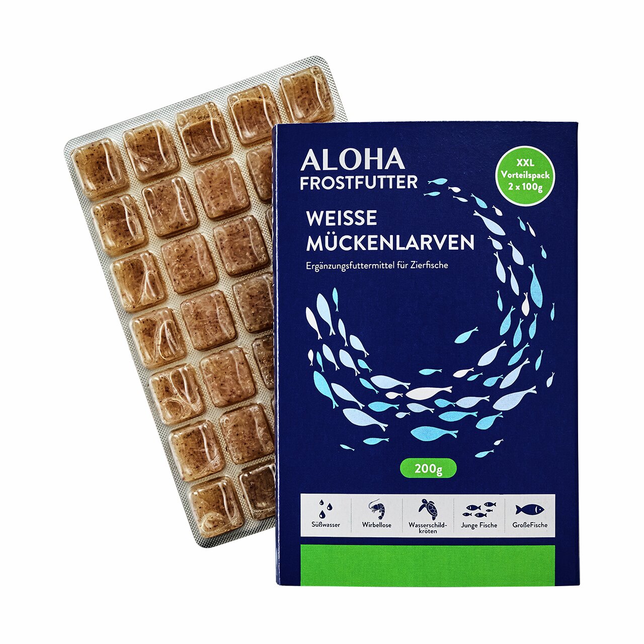 Das Bild zeigt die Verpackung des Produkts „ALOHA Frostfutter Weiße Mückenlarven“, ein Ergänzungsfuttermittel für Zierfische. Die Zielgruppe umfasst Süßwasserfische, Wirbellose, Wasserschildkröten, junge Fische und große Fische. Die Geschmacksrichtung sin