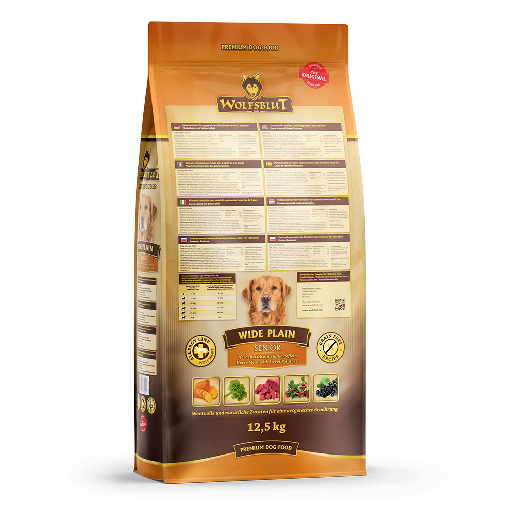 Wolfsblut Wide Plain Senior, 12,5 kg, getreidefreies Premium-Hundefutter mit Pferdefleisch & Süßkartoffeln, für ältere Hunde.