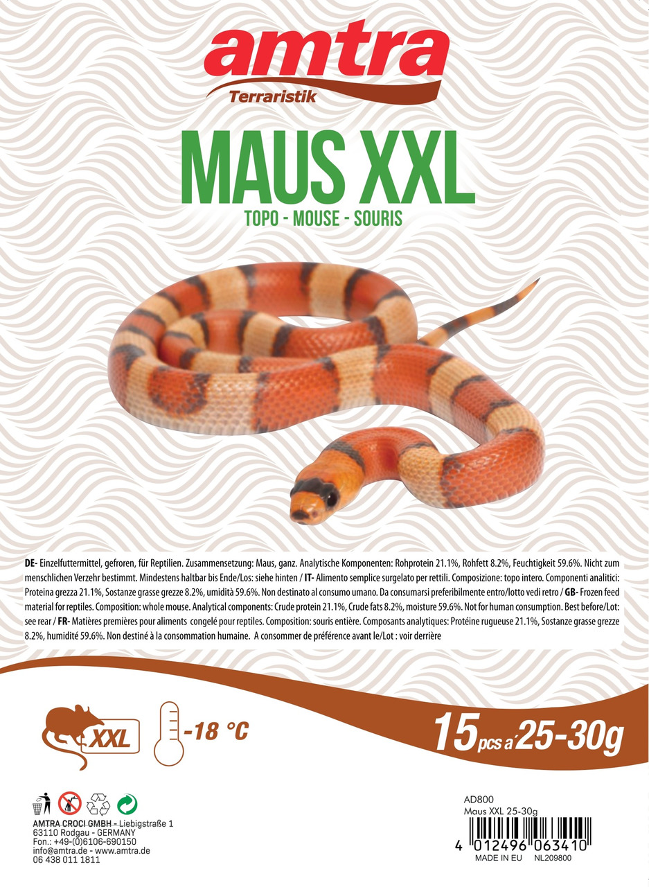 Gefrorenes Einzelfuttermittel für Reptilien der Marke amtra, Produktname "Maus XXL". Zielgruppe: Reptilienhalter. Enthält ganze Mäuse mit einem Gewicht von 25–30 g pro Stück, verpackt in einer Menge von 15 Stück. Hoher Proteingehalt (21,1 %), ideal für di