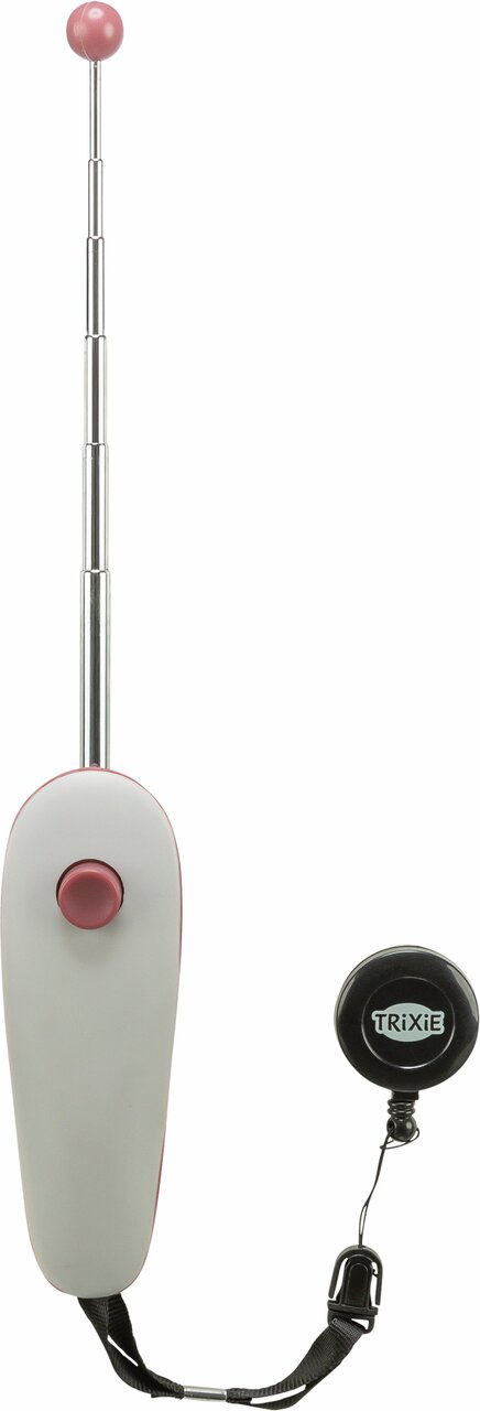 Das Bild zeigt den TRIXIE Target Stick mit Clicker, ein Trainingsgerät für Hunde und andere Haustiere. Der Stick ist ausziehbar und besitzt eine pinke Kugel an der Spitze sowie einen integrierten Clicker. Er ist ideal für präzises Training und positive Ve