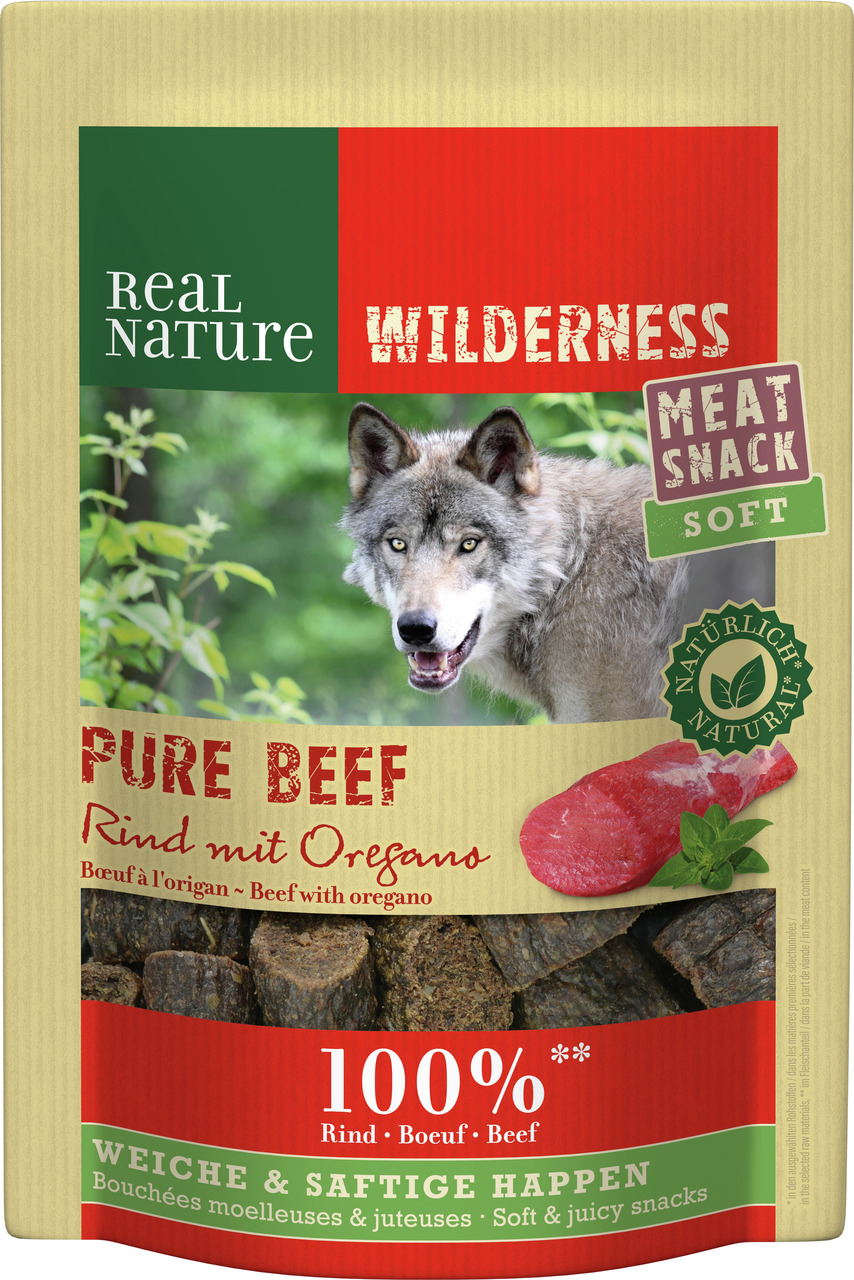 REAL NATURE Wilderness Meat Snack Soft – Pure Beef, Hundesnack, Rind & Oregano, 100 % Rind, weich & saftig.