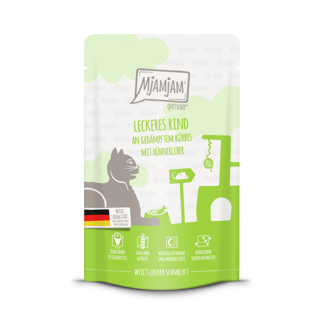 Mjamjam Katzenfutter „Leckeres Rind an Kürbis mit Hühnerleber“, 125 g, hoher Fleischanteil, Vitamine, Mineralstoffe, Taurin.