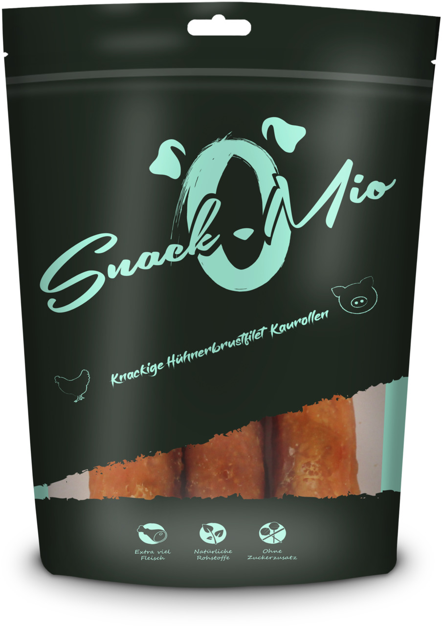 SnackOMio Knackige Hühnerbrustfilet Kaurollen, Hundesnack, extra viel Fleisch, natürliche Rohstoffe, ohne Zuckerzusatz.