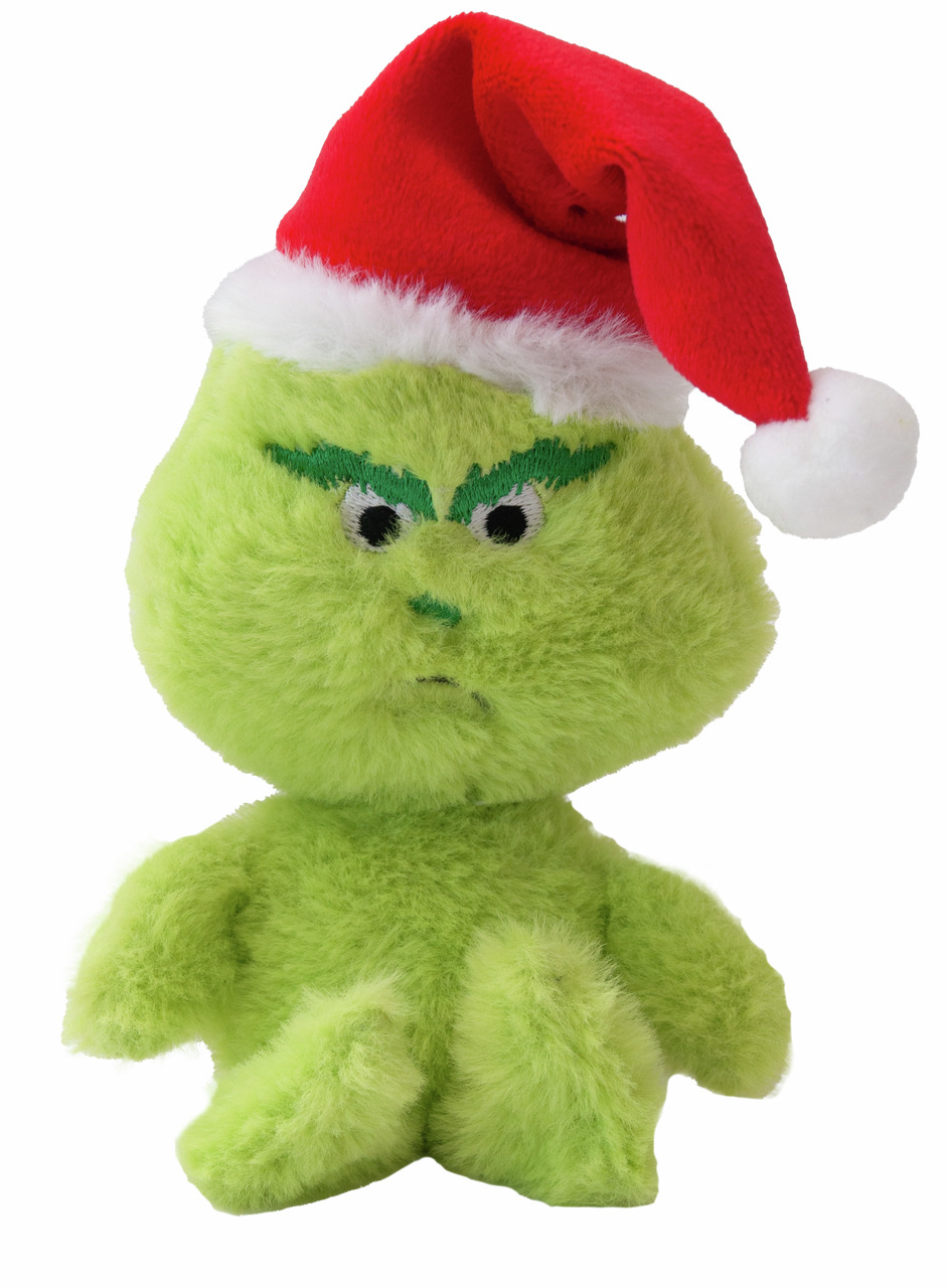 Das Bild zeigt ein grünes Plüschspielzeug in Form des Grinch, hergestellt von der Marke Aumüller. Es trägt eine rote Weihnachtsmütze mit weißem Rand und Bommel. Das Produkt ist für Katzen geeignet und enthält Katzenminze, die spielanregend wirkt. Perfekt 