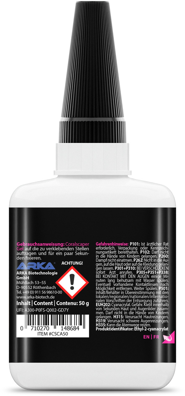 ARKA Coralscaper Gel, Kleber für Korallen (Aquaristik), 50 g, mit Sicherheits- & Anwendungshinweisen sowie Inhaltsstoffen.
