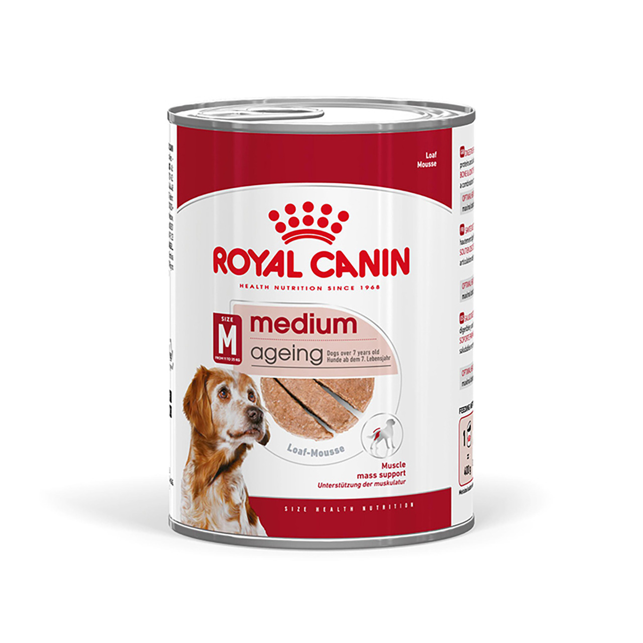 Das Bild zeigt eine Dose des Hundefutters „ROYAL CANIN Medium Ageing“ für mittelgroße Hunde ab 7 Jahren. Die Geschmacksrichtung ist „Loaf-Mousse“. Die Verpackung hebt die Unterstützung der Muskulatur hervor. Die Dose hat ein Fassungsvermögen von 400 g.