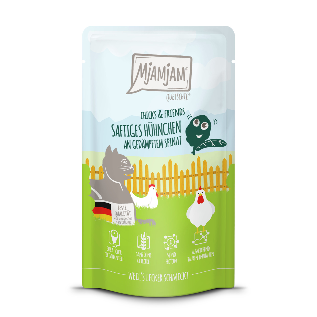 Das Bild zeigt eine Verpackung des Tierfutterprodukts „MJAMJAM Quetschie – Chicks & Friends: Saftige