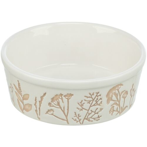 Keramiknapf von TRIXIE mit floralem Design in Beige und Weiß. Geeignet für Hunde und Katzen. Der Napf ist rund, robust und leicht zu reinigen. Perfekt für Wasser oder Futter. Fassungsvermögen und genaue Maße sind nicht auf dem Bild erkennbar. EAN: 4047974