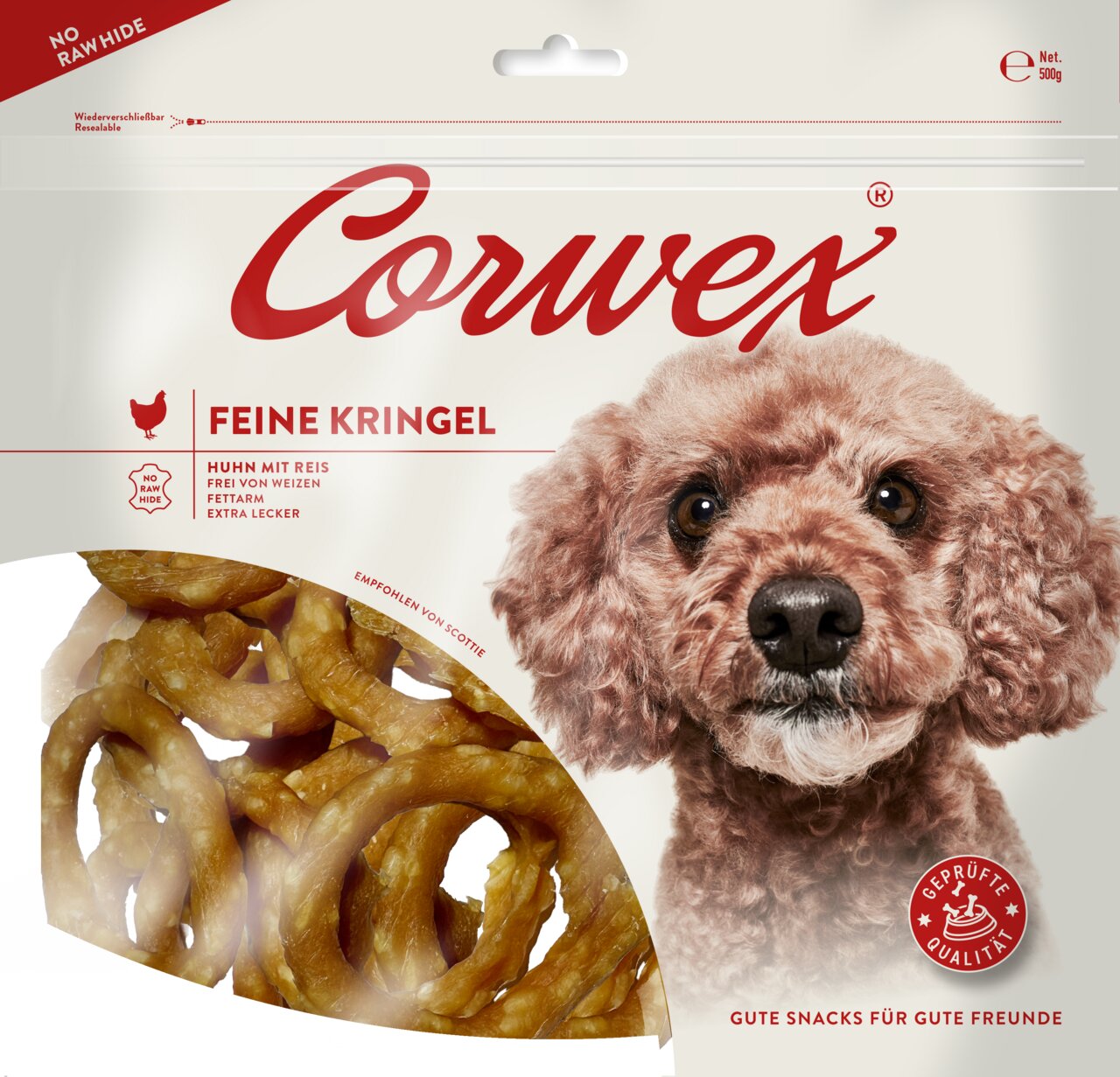 Corwex Feine Kringel Hundesnack, Huhn mit Reis, 500 g, fettarm, für Hunde, ohne Rohhaut, empfohlen von Scottie.