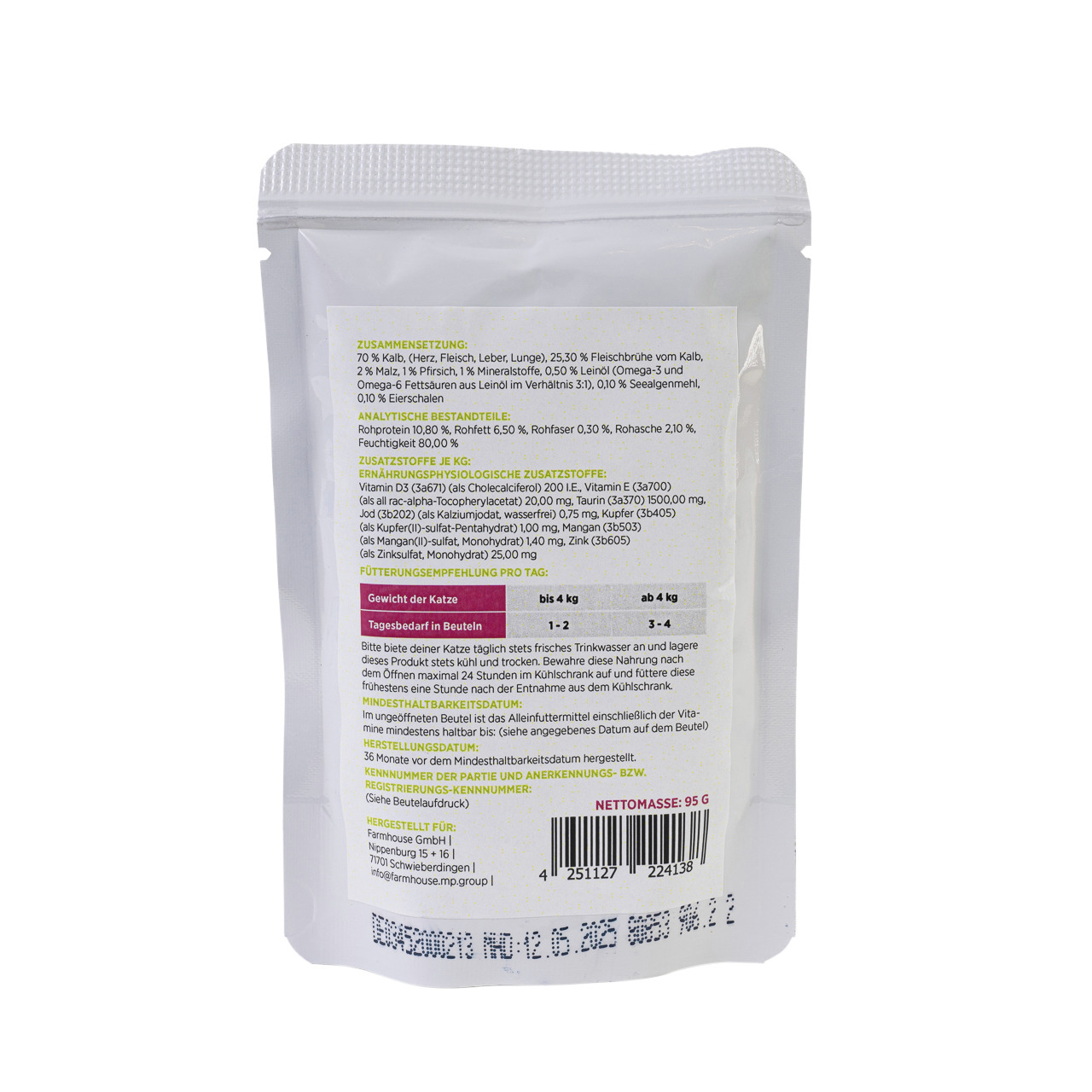 Sparpaket 12 x 95 g Mincas Häppchen Kalb & Malzpaste mit Früchten und Leinöl Katzen Nassfutter