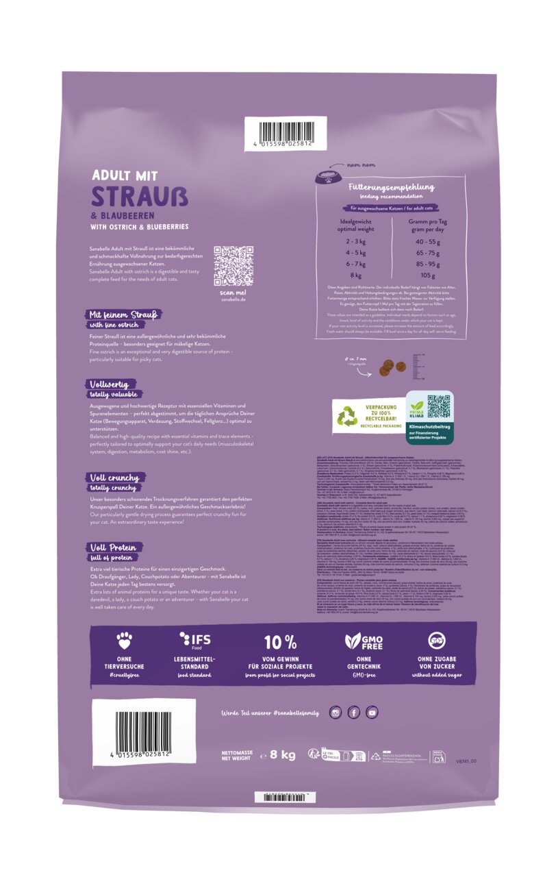 Sanabelle Adult, Trockenfutter f. erw. Katzen, Strauß & Blaubeeren, 8 kg, ohne Tierversuche, gentechnikfrei, ohne Zuckerzusatz.