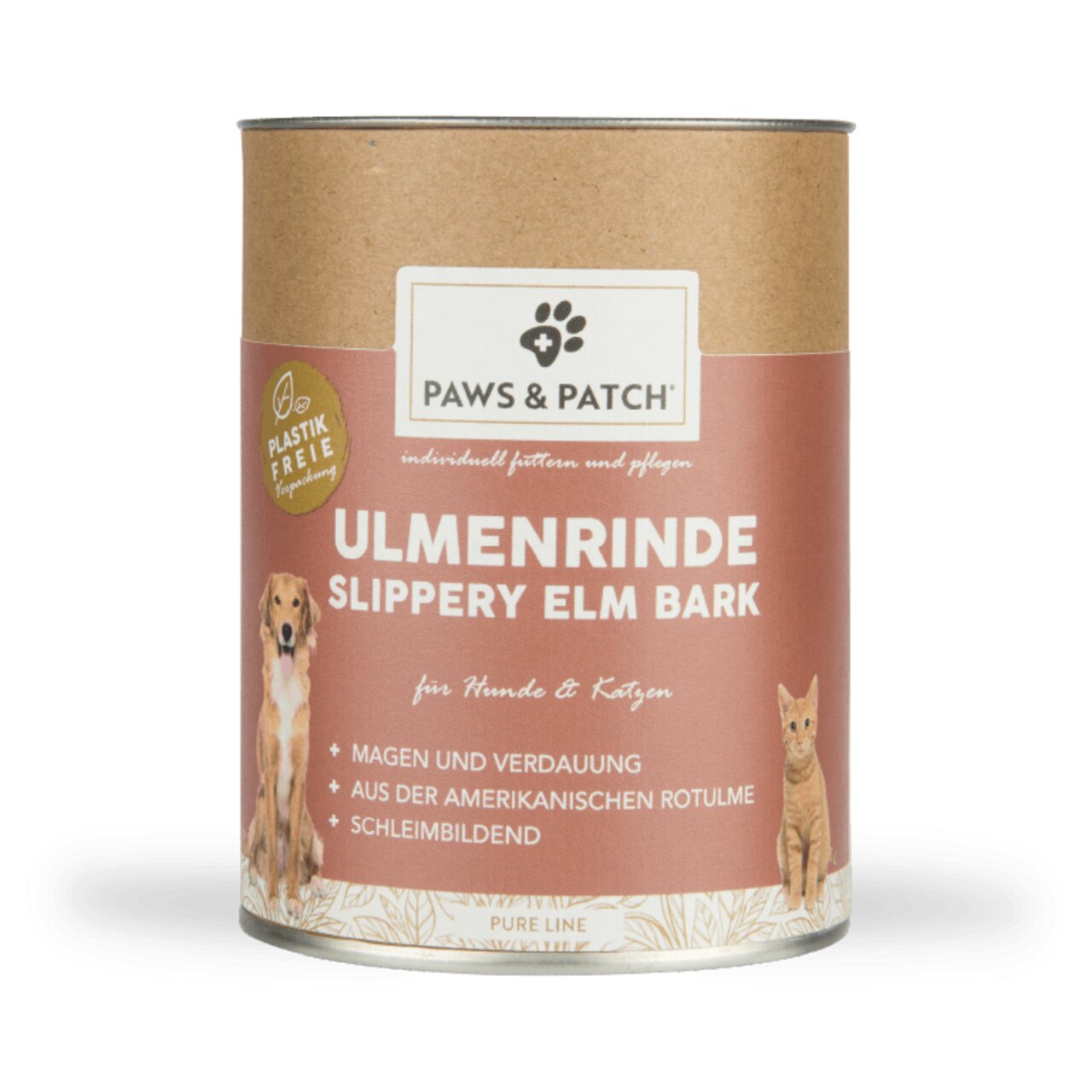 Dose Paws & Patch Ulmenrinde, für Hunde und Katzen, unterstützt Magen & Verdauung, schleimbildend, plastikfreie Verpackung.