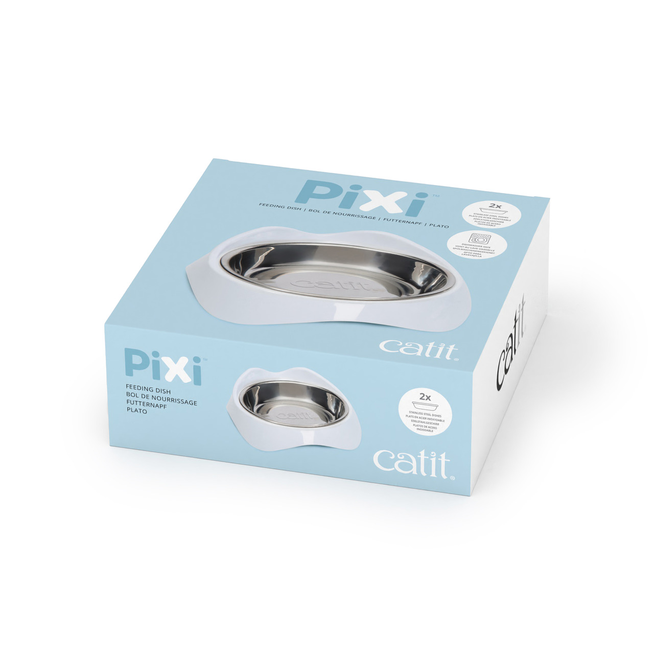 Catit PIXI Futternapf für Katzen, Edelstahl, ergonomisch, 2 Näpfe, blau, erleichtert Fressen.