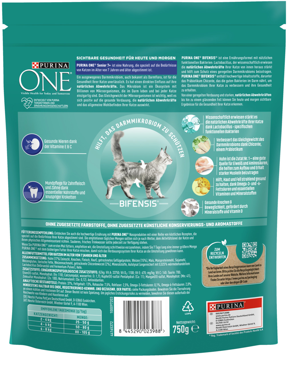 Das Bild zeigt eine Verpackung des Katzenfutters „Purina ONE Senior 7+“ mit Bifensis-Formel, speziell für Katzen ab 7 Jahren. Die Geschmacksrichtung ist nicht angegeben. Es enthält 750 g und verspricht gesunde Nieren, starke Abwehrkräfte und glänzendes Fe