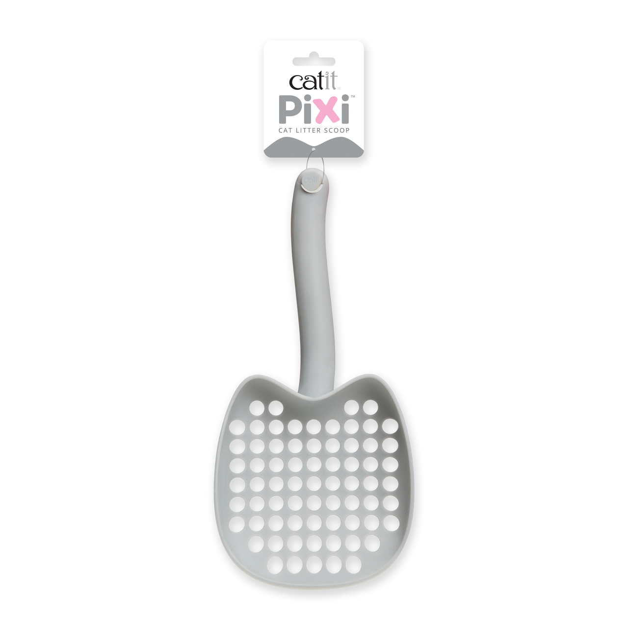 Auf dem Bild ist die Catit PIXI Katzenstreuschaufel zu sehen, ein Produkt für Katzenbesitzer. Die Schaufel hat ein ergonomisches Design mit einem Griff und einer Schaufelfläche in Form eines Katzenkopfes. Sie ist grau und verfügt über Löcher, die das Sieb