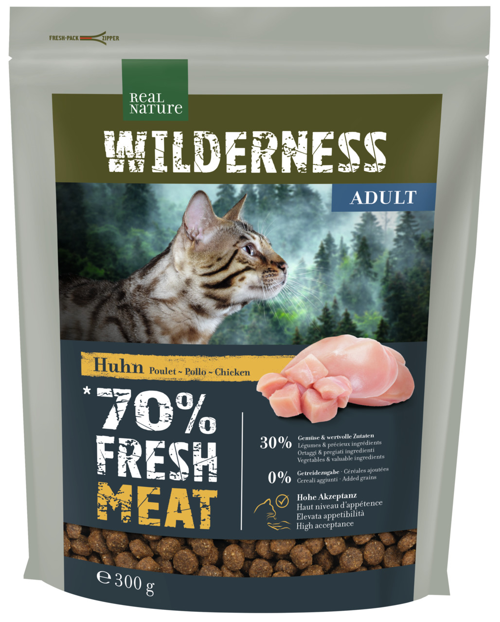 REAL NATURE WILDERNESS Adult Katzenfutter Huhn, für erw. Katzen, 70 % Fleisch, 30 % Gemüse, 0 % Getreide, 300 g, hohe Akzeptanz.