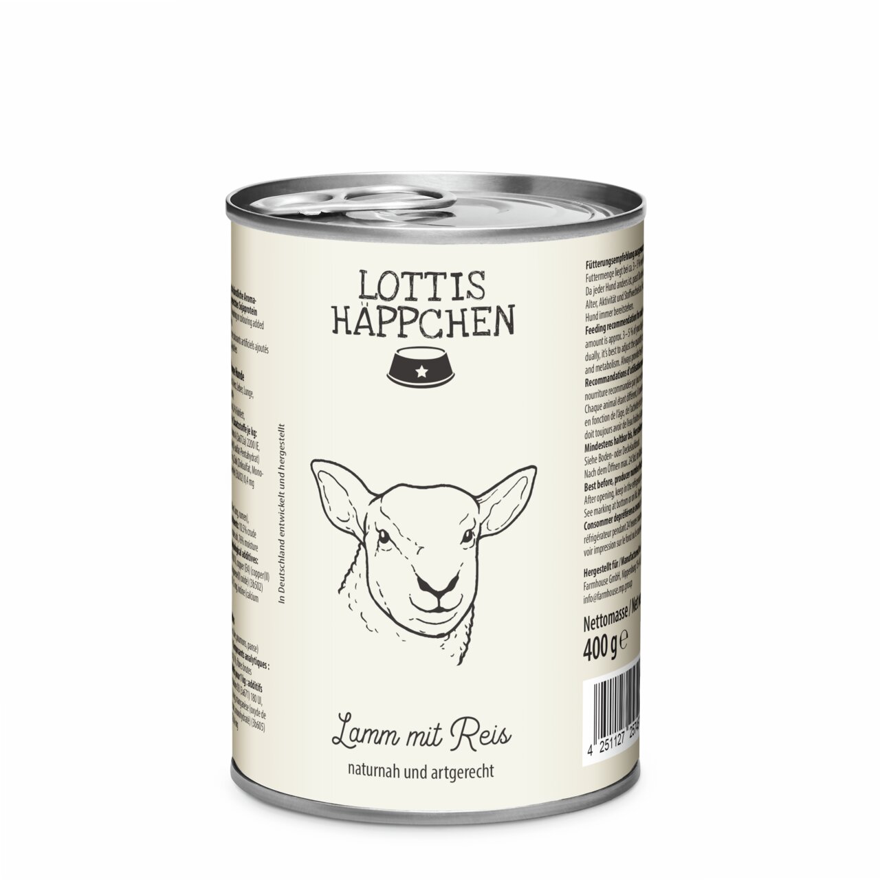 LOTTIS HÄPPCHEN Hundefutter, Lamm mit Reis, für Hunde, naturnah und artgerecht, Nettomasse 400 g.