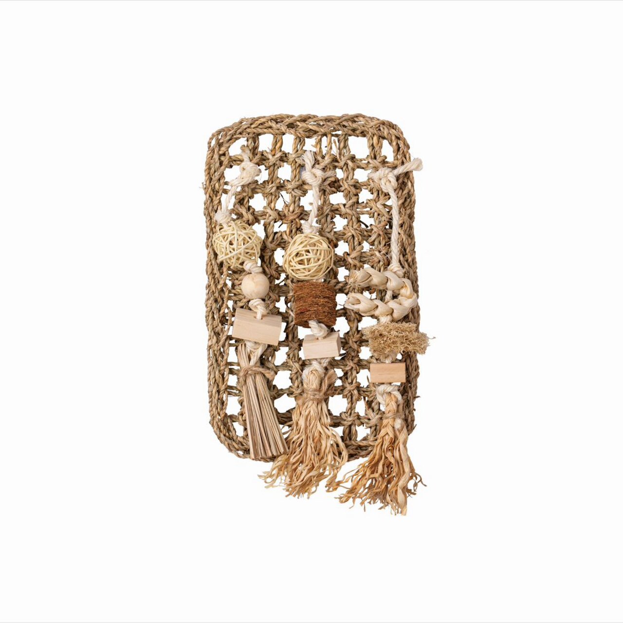 Quapas Spielzeug für Papageien & Ziervögel, aus Sisal, Holz & Rattan, mit hängenden Elementen, fördert Aktivität, Maße-Menge sichtbar.