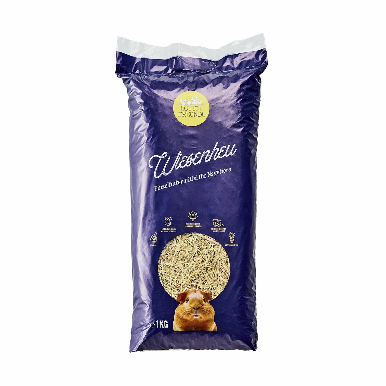 Lottis Freunde Wiesenheu, 1 kg, für Meerschweinchen, Kaninchen & Kleintiere, Einzelfuttermittel, sichtbar durch transparentes Fenster.