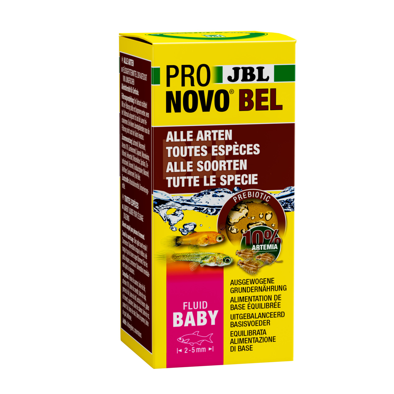 JBL ProNovo Bel Fluid Baby: Basisfutter für Jungfische (2-5 mm), alle Arten, 10 % Artemia, präbiotisch, 50 ml, gelbe Verpackung.
