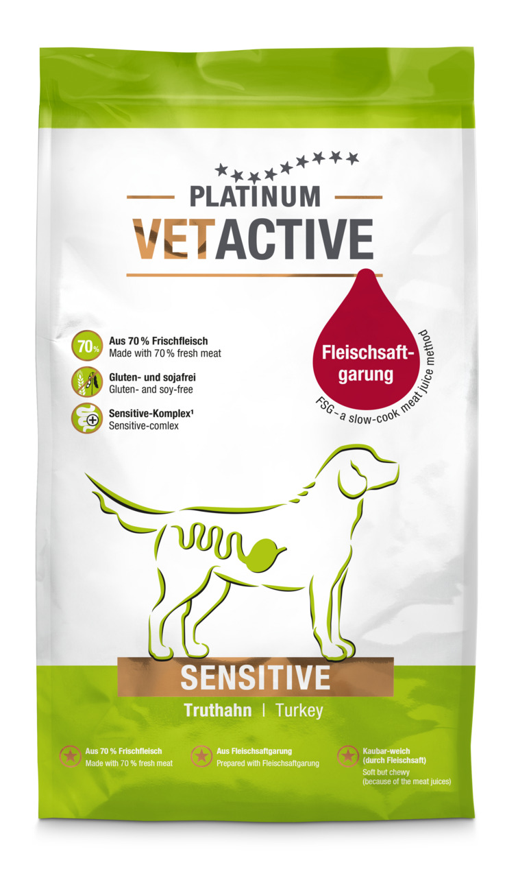 PLATINUM VETACTIVE Sensitive Truthahn, für Hunde mit empfindl. Magen, 70 % Frischfleisch, gluten--sojafrei, Fleischsaftgarung.