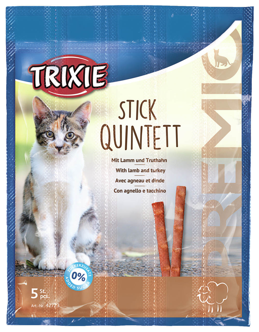 Sparpaket 2 x 5 g Trixie Premio Stick Quintett mit Lamm und Truthahn Katzen Snack