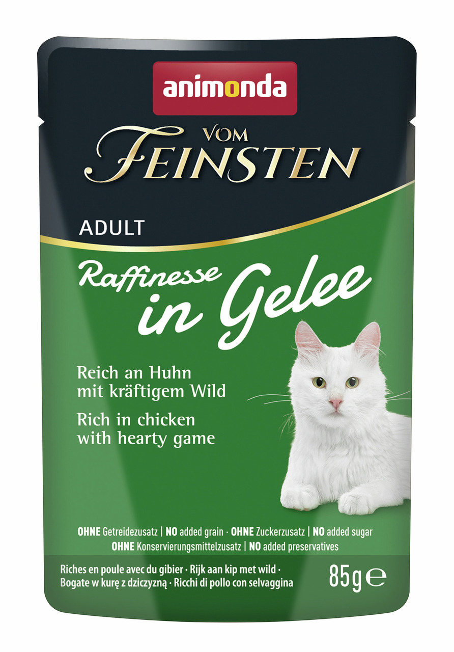 Das Bild zeigt eine Verpackung des Katzenfutters „Animonda Vom Feinsten Raffinesse in Gelee“ für ausgewachsene Katzen. Die Geschmacksrichtung ist Huhn mit Wild. Die Packung enthält 85 g und ist frei von Getreide, Zucker und Konservierungsstoffen. Auf der 