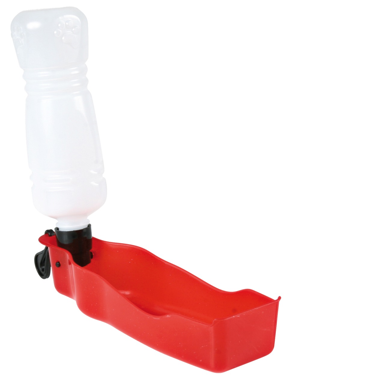 Das Bild zeigt eine tragbare Trinkflasche für Hunde der Marke TRIXIE, Modell "Travel Bottle". Die Zielgruppe sind Hundebesitzer, die unterwegs eine praktische Lösung für die Wasserversorgung ihrer Tiere suchen. Die Flasche ist weiß und wird mit einer rote