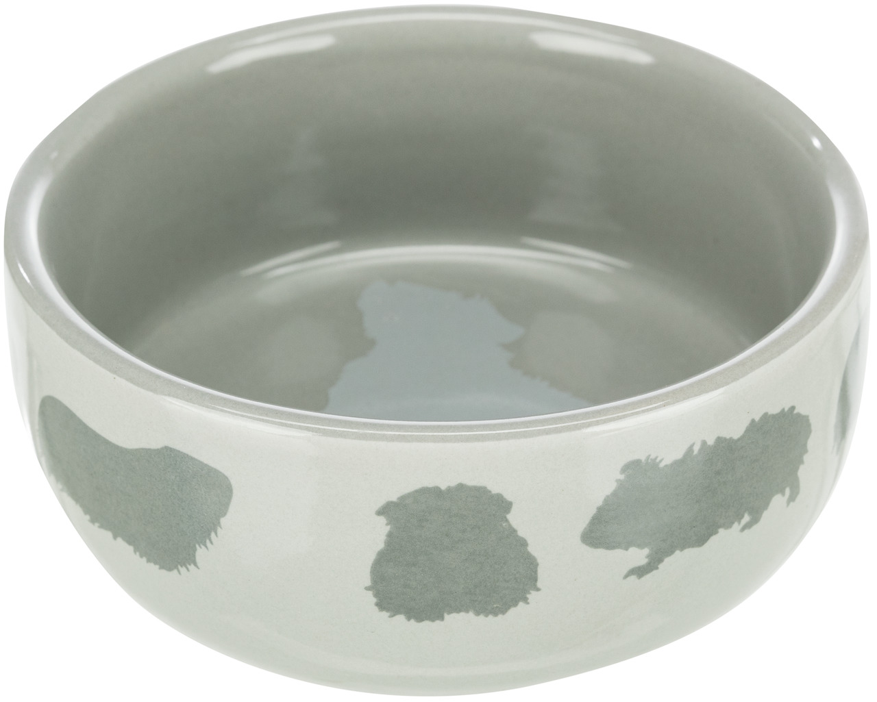 Keramiknapf von TRIXIE für Kleintiere wie Meerschweinchen und Kaninchen. Der Napf ist grau und zeigt stilisierte Silhouetten von Kleintieren auf der Außenseite. Ideal für Futter oder Wasser, robust und leicht zu reinigen. Fassungsvermögen und genaue Maße 