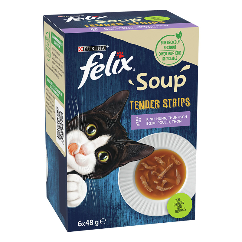 Purina Felix Soup Tender Strips, Katzenfutter, Rind/Huhn/Thunfisch, 6 x 48 g, zarte Fleischstreifen in Suppe, für Katzen.